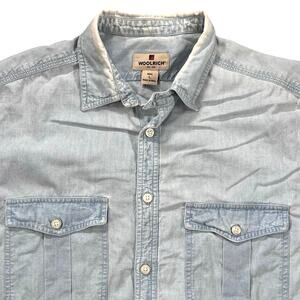 Vintage Woolrich Men’s Light Blue Cotton Button-Up Shirt — Size L